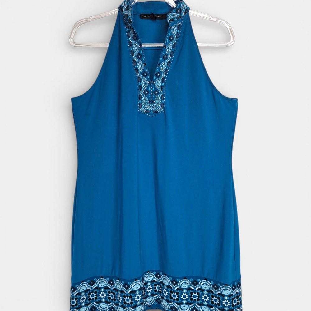 White House Black Market Teal Blue Beaded Halter Top Petite Large Geometric Tile